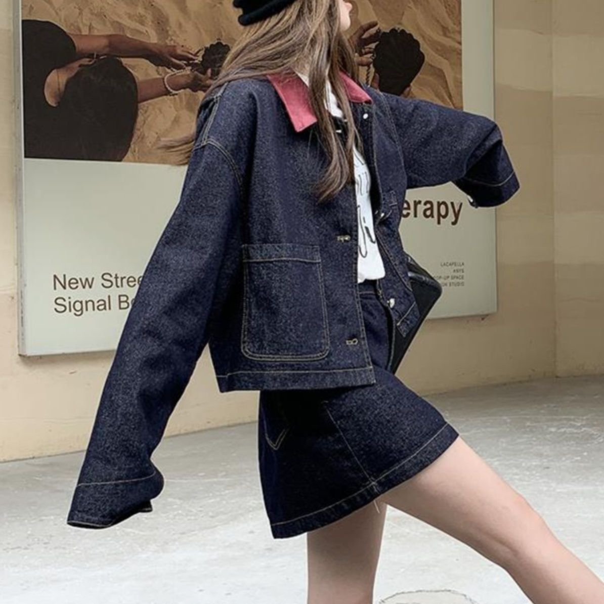 デニムセットアップ 配色襟がアクセントのデニムセット