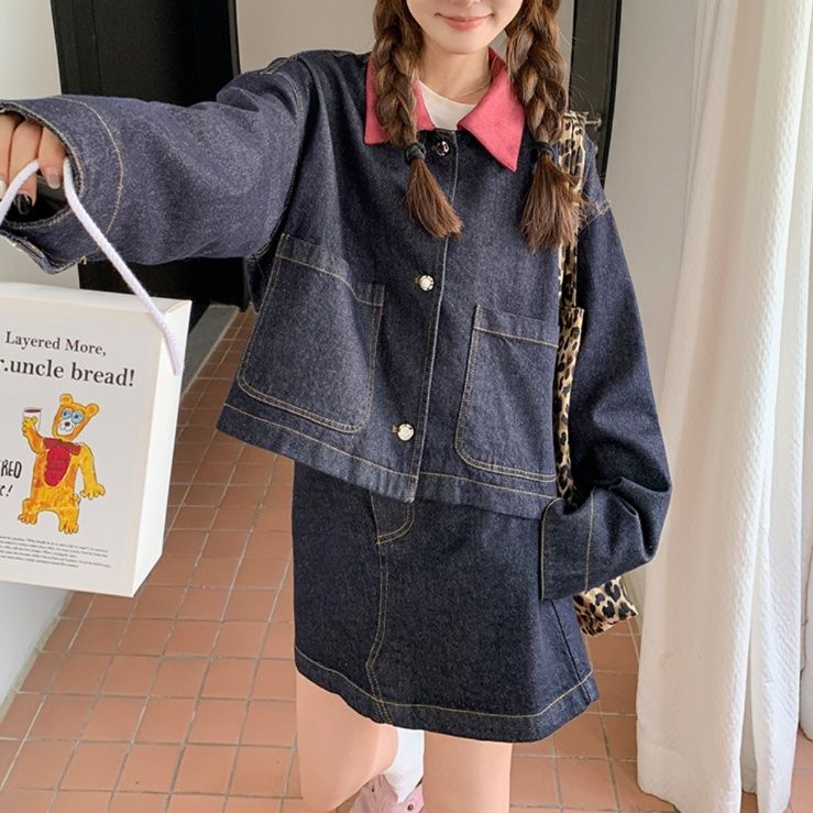 デニムセットアップ 配色襟がアクセントのデニムセット