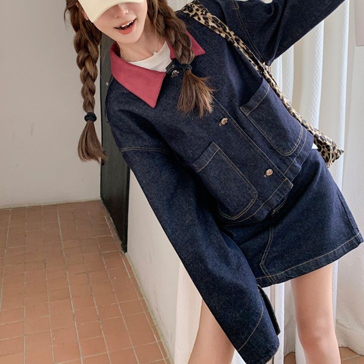 デニムセットアップ 配色襟がアクセントのデニムセット