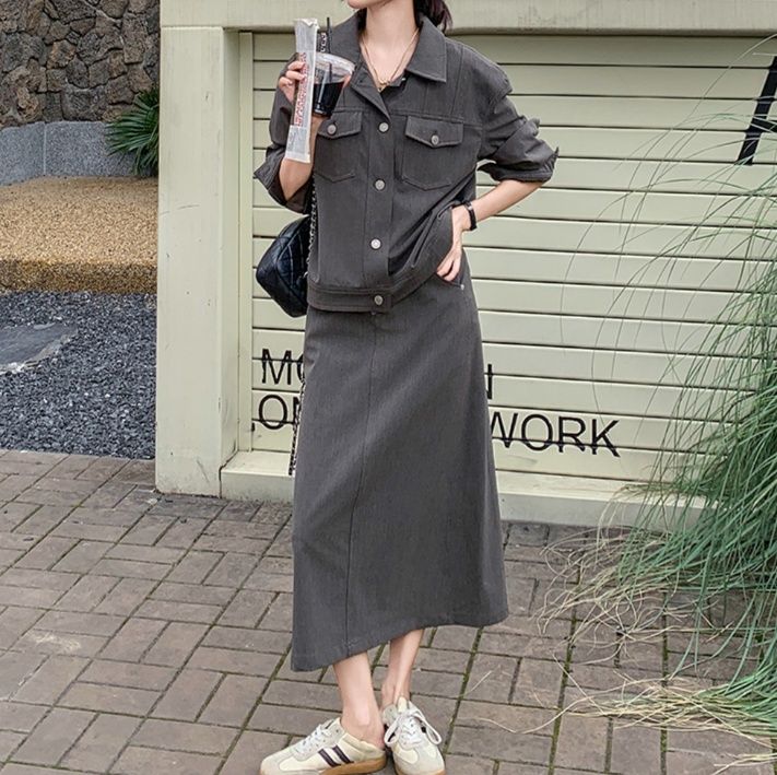 デニムセットアップ こなれ感ジャケット×スカートセット