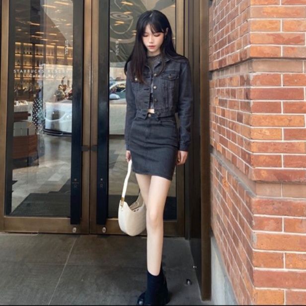 デニムセットアップ レトロ感漂うデニムスカートセット