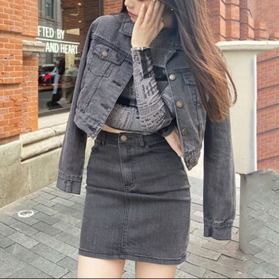 デニムセットアップ レトロ感漂うデニムスカートセット