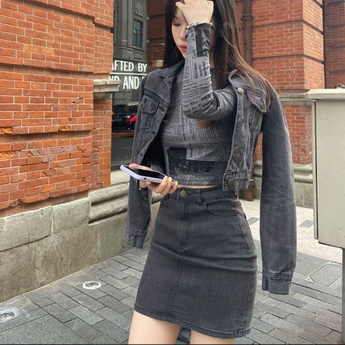 デニムセットアップ レトロ感漂うデニムスカートセット