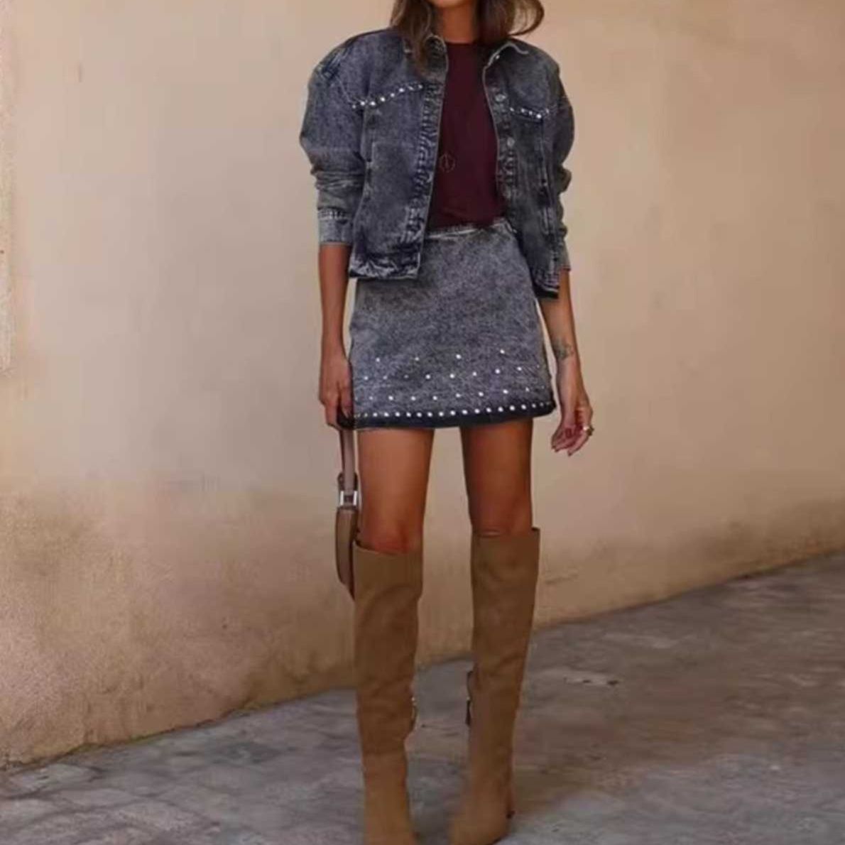 デニムセットアップ 輝くスタッツ装飾 デニムスカートセット