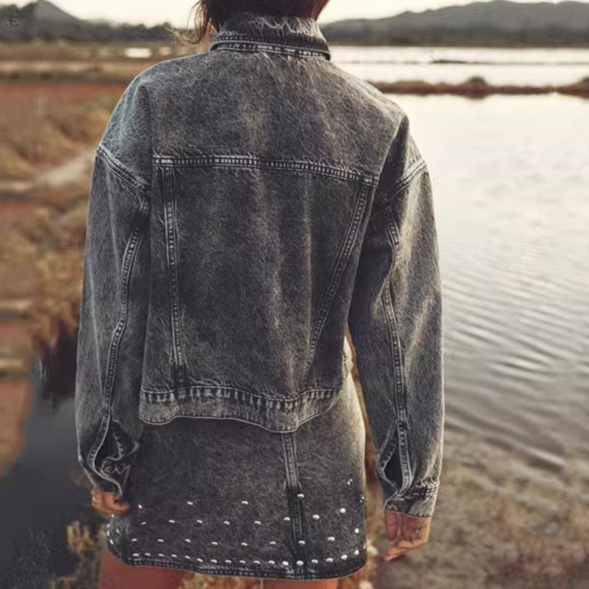 デニムセットアップ 輝くスタッツ装飾 デニムスカートセット