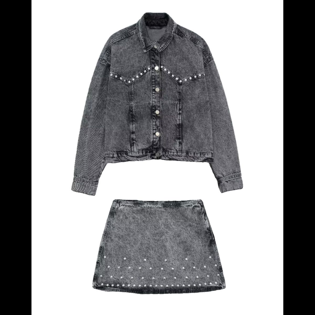 デニムセットアップ 輝くスタッツ装飾 デニムスカートセット