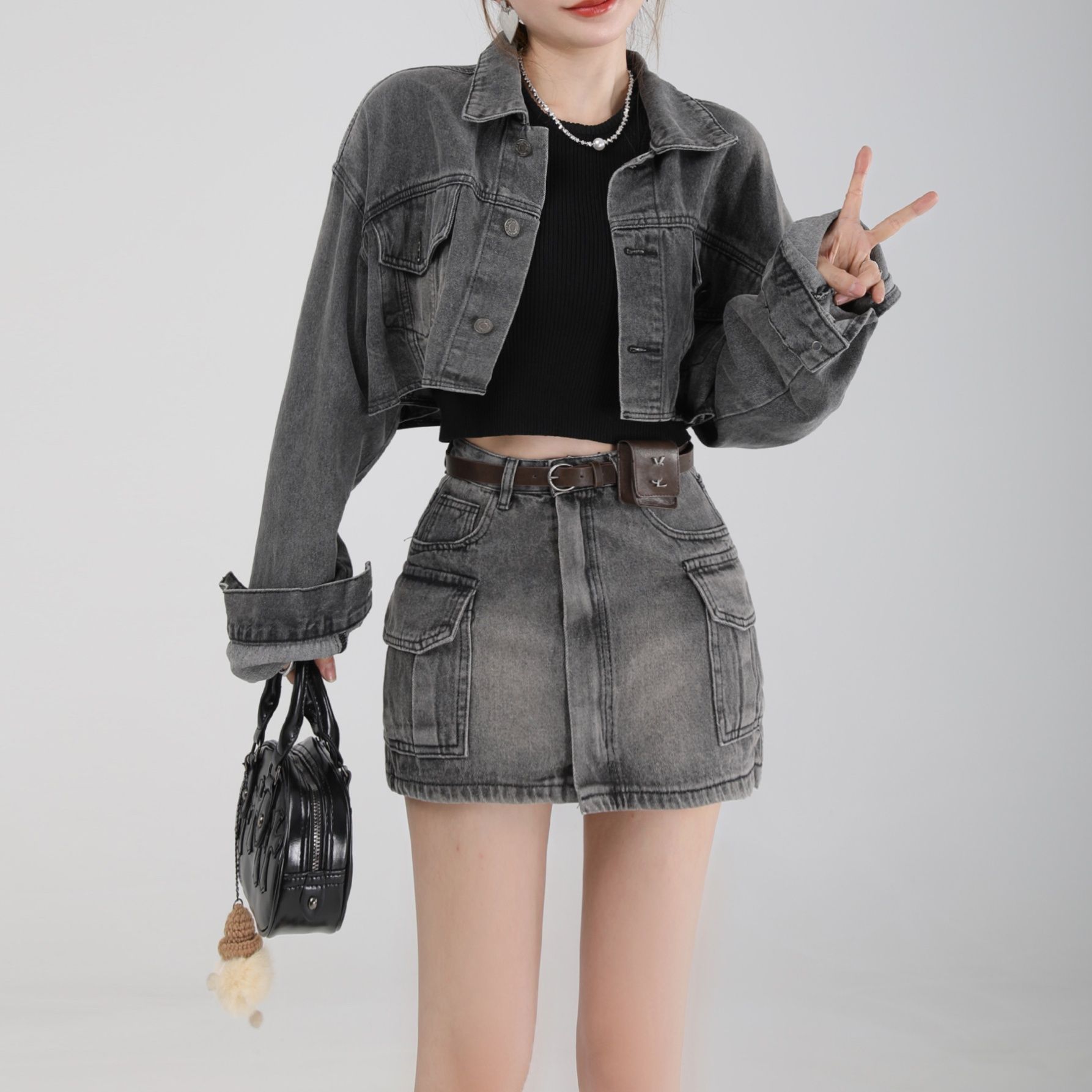 デニムセットアップ クロップド丈ジャケット×ミニスカート