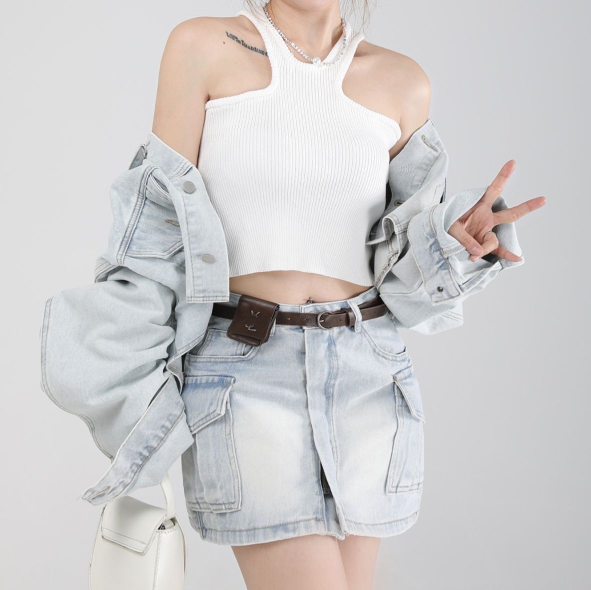 デニムセットアップ クロップド丈ジャケット×ミニスカート