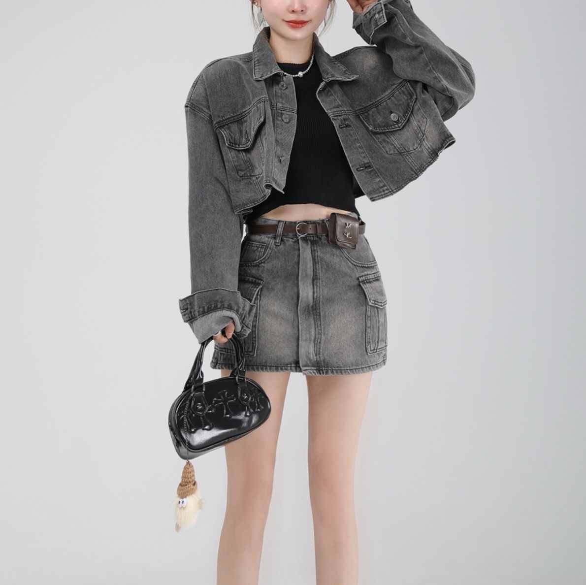 デニムセットアップ クロップド丈ジャケット×ミニスカート