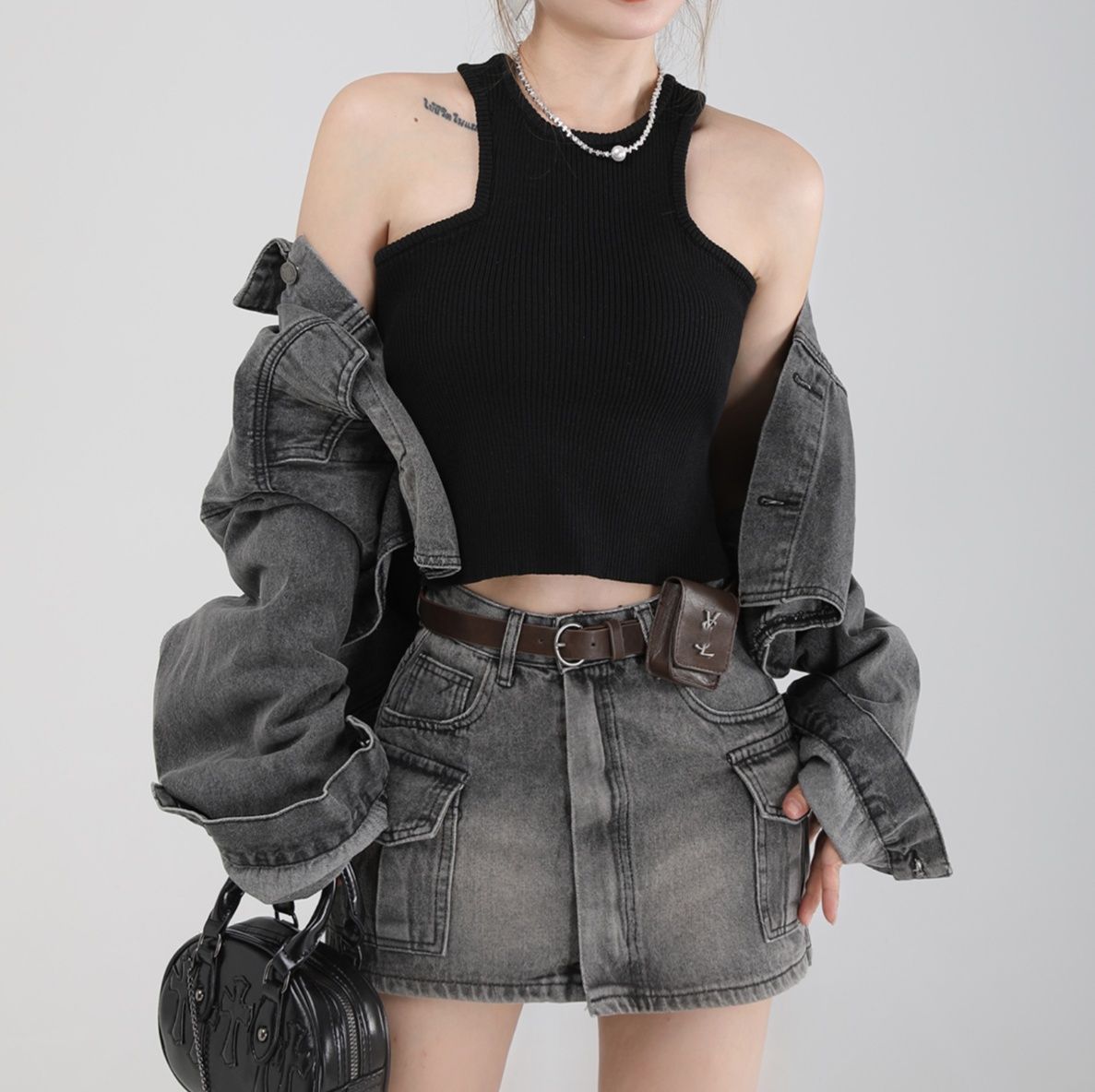 デニムセットアップ クロップド丈ジャケット×ミニスカート