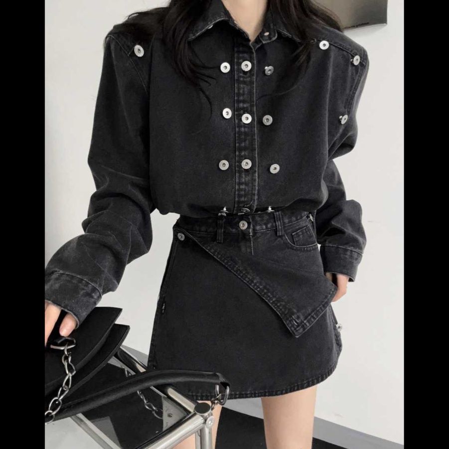 デニムセットアップ ユニークボタン飾りデニムジャケットセット