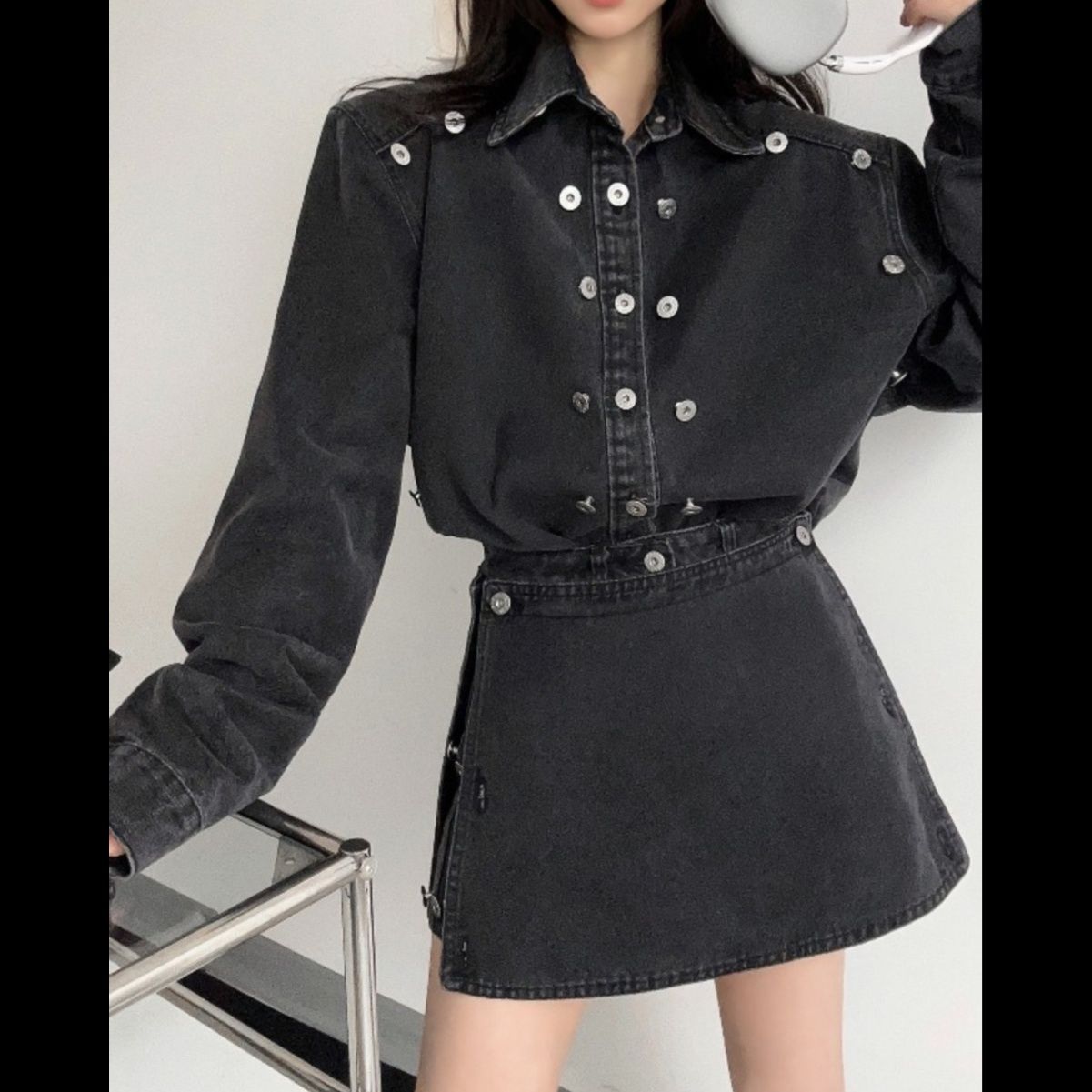 デニムセットアップ ユニークボタン飾りデニムジャケットセット