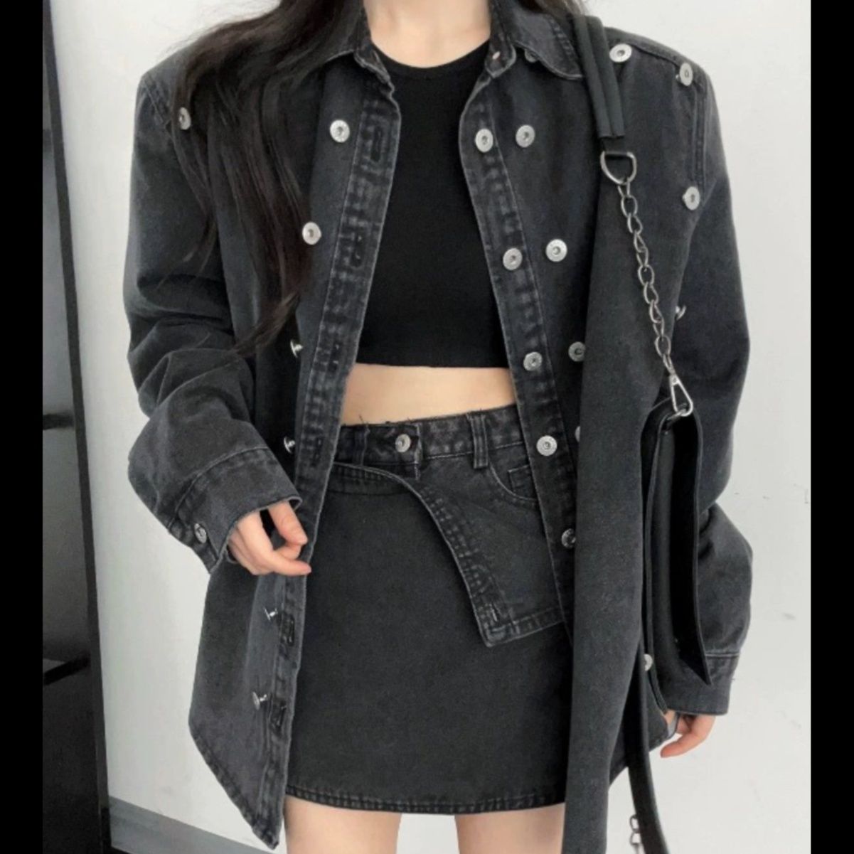 デニムセットアップ ユニークボタン飾りデニムジャケットセット