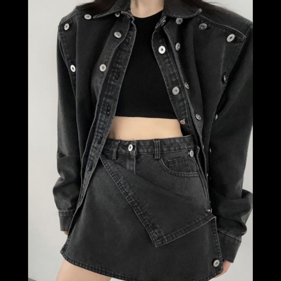 デニムセットアップ ユニークボタン飾りデニムジャケットセット