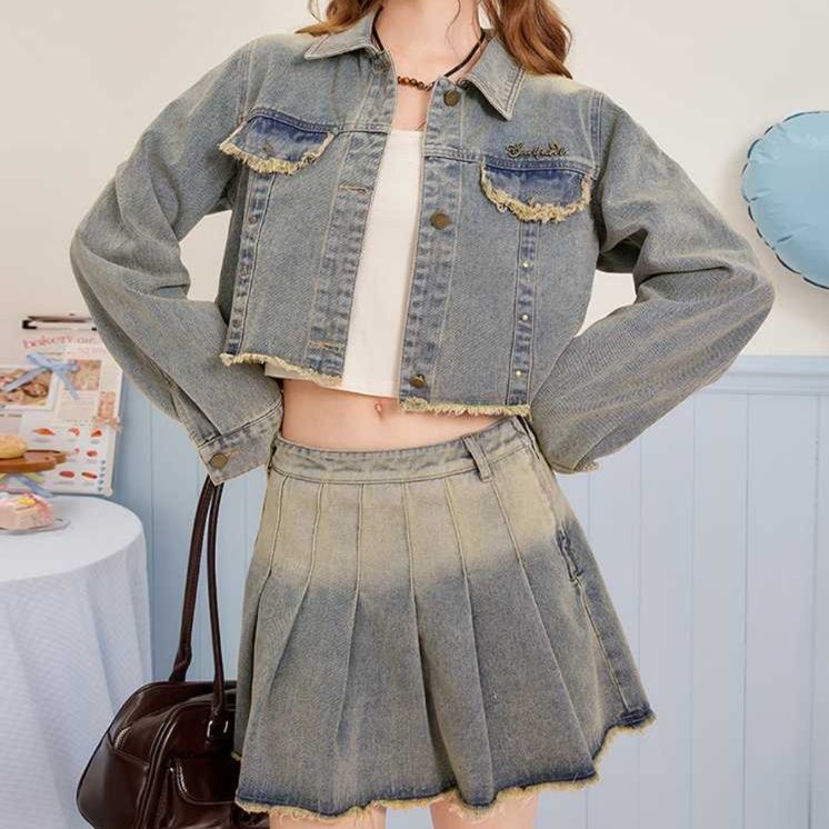 デニムセットアップ 裾フリンジプリーツミニセット