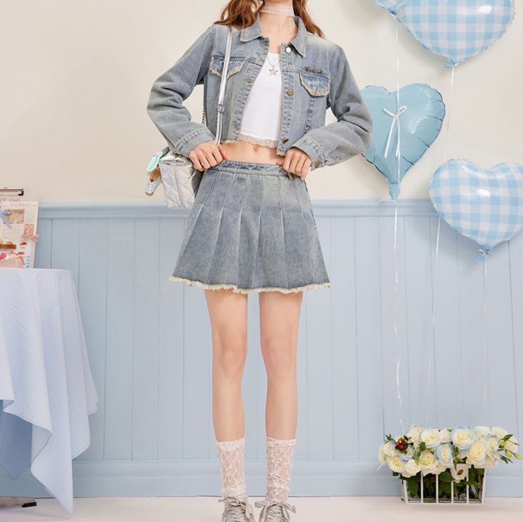 デニムセットアップ 裾フリンジプリーツミニセット