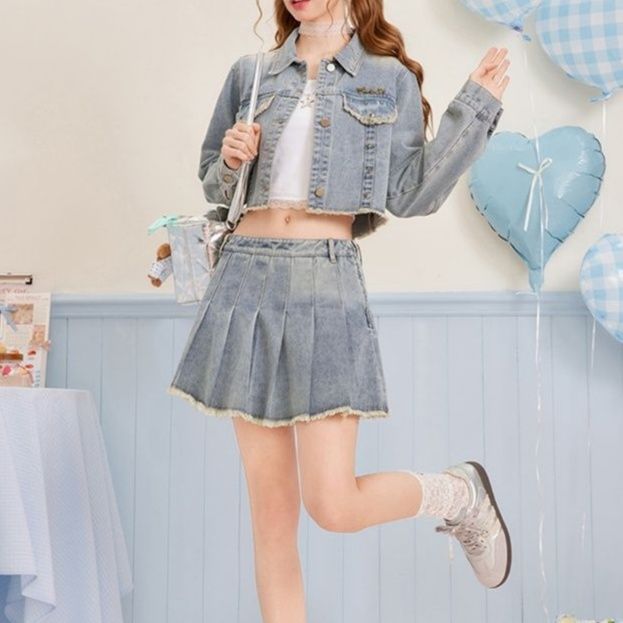 デニムセットアップ 裾フリンジプリーツミニセット