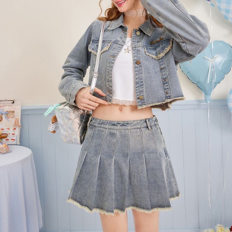 デニムセットアップ 裾フリンジプリーツミニセット