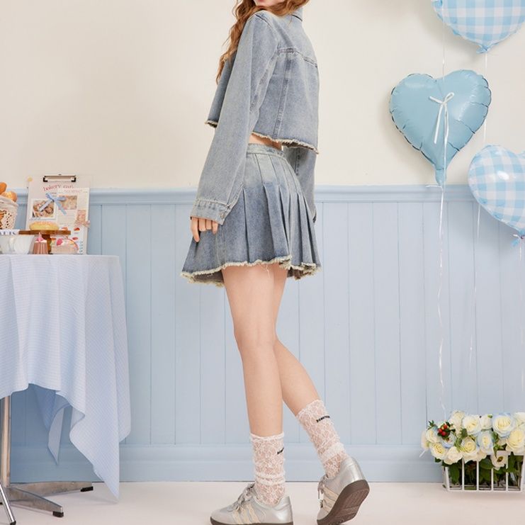 デニムセットアップ 裾フリンジプリーツミニセット