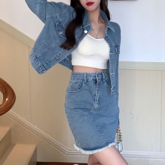 デニムセットアップ 裾フリンジミニスカートセット