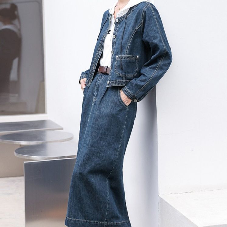 デニムセットアップ ノーカラージャケット&ロングスカート