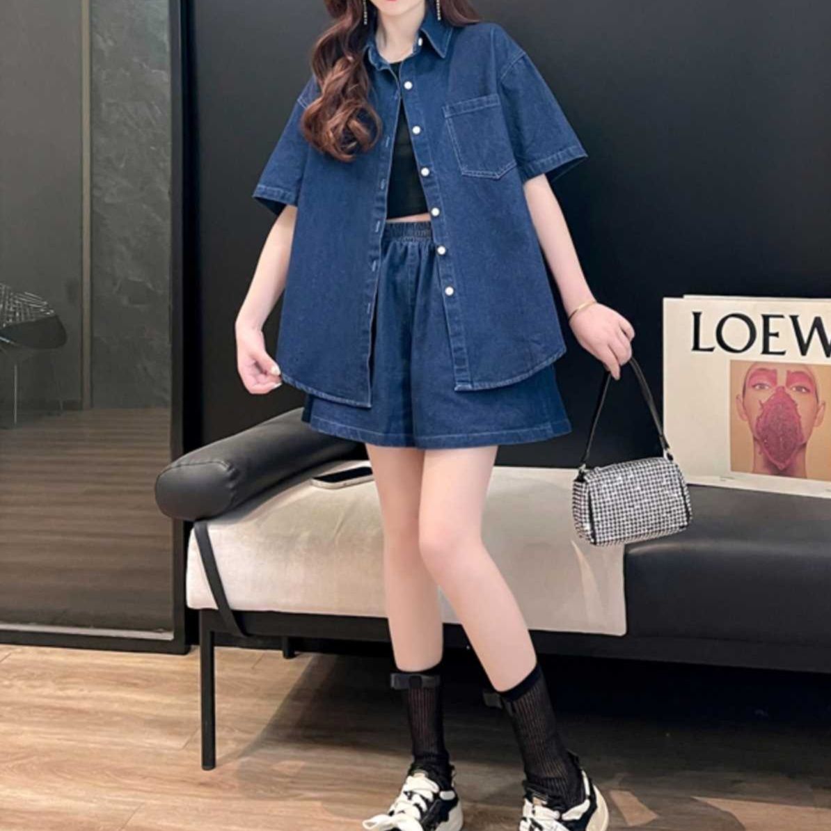 デニムセットアップ ゆったり半袖デニム上下セット