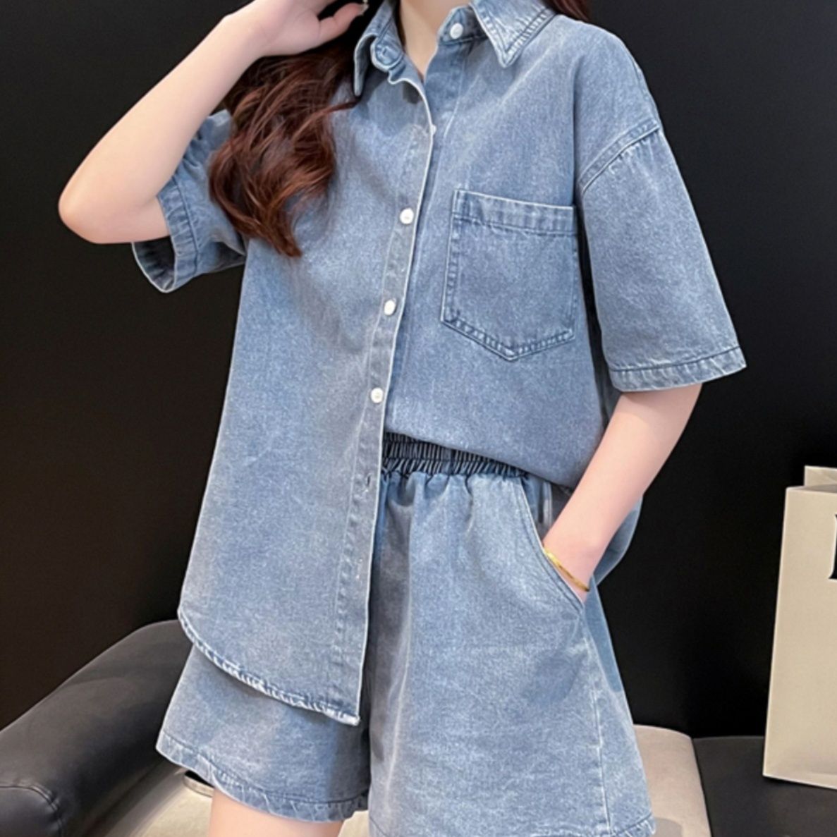 デニムセットアップ ゆったり半袖デニム上下セット
