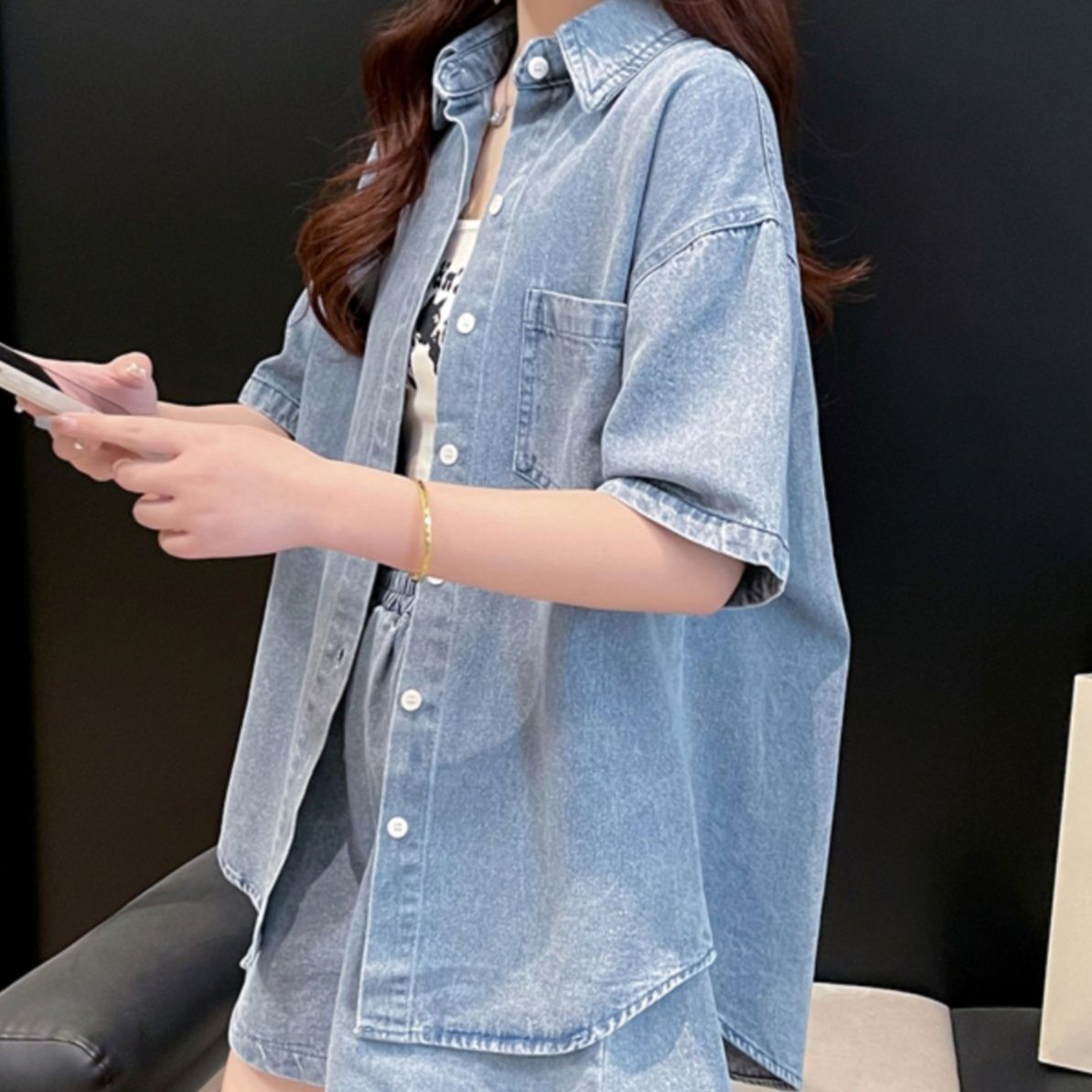 デニムセットアップ ゆったり半袖デニム上下セット