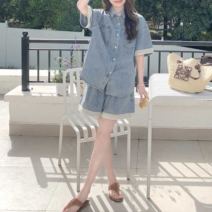 デニムセットアップ レース縁取り半袖デニム上下セット