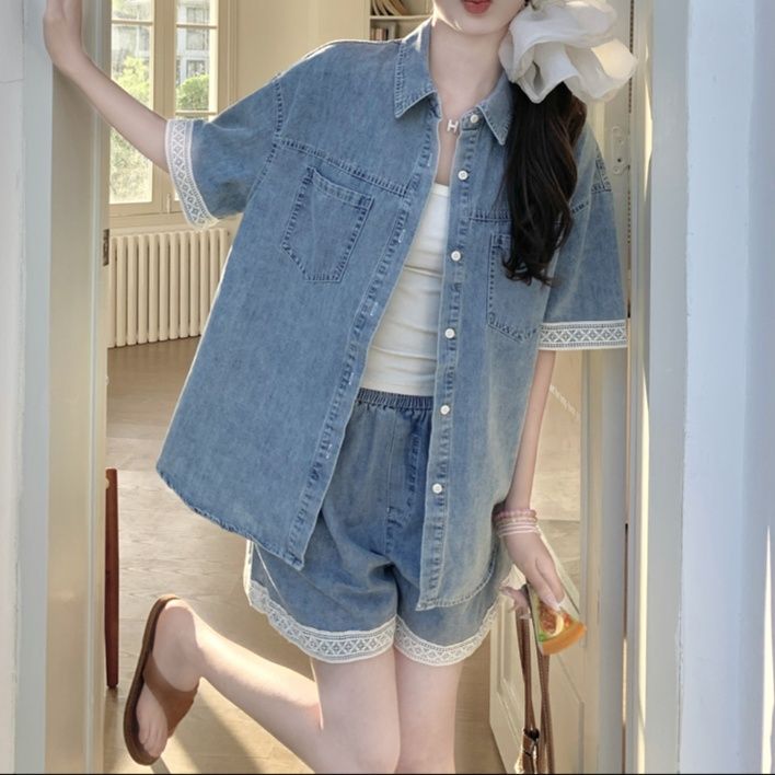 デニムセットアップ レース縁取り半袖デニム上下セット