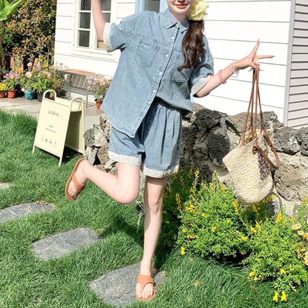 デニムセットアップ レース縁取り半袖デニム上下セット