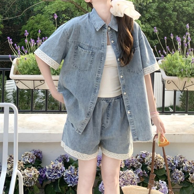 デニムセットアップ レース縁取り半袖デニム上下セット