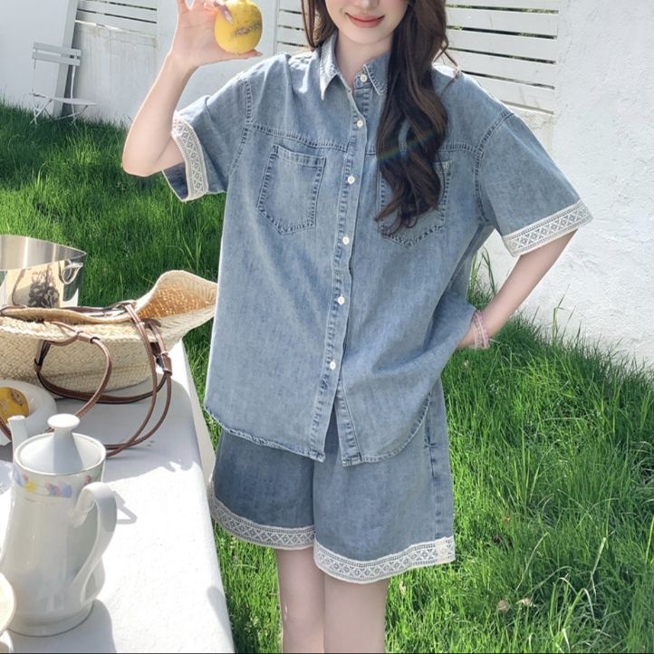デニムセットアップ レース縁取り半袖デニム上下セット