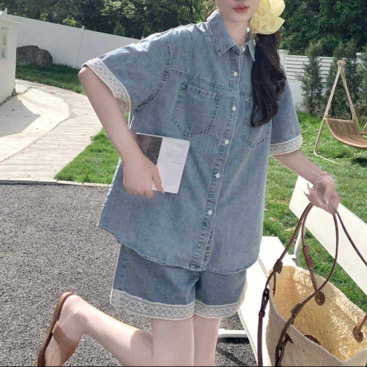 デニムセットアップ レース縁取り半袖デニム上下セット