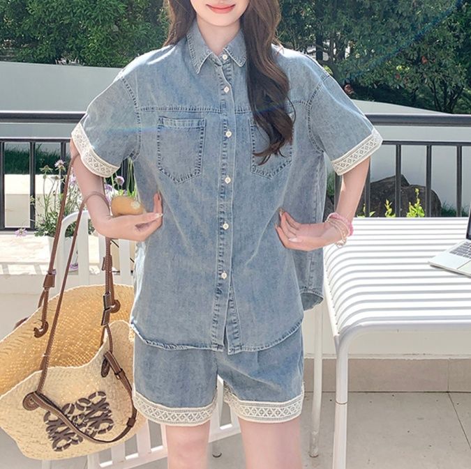 デニムセットアップ レース縁取り半袖デニム上下セット