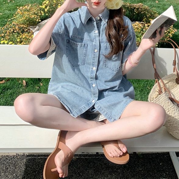 デニムセットアップ レース縁取り半袖デニム上下セット