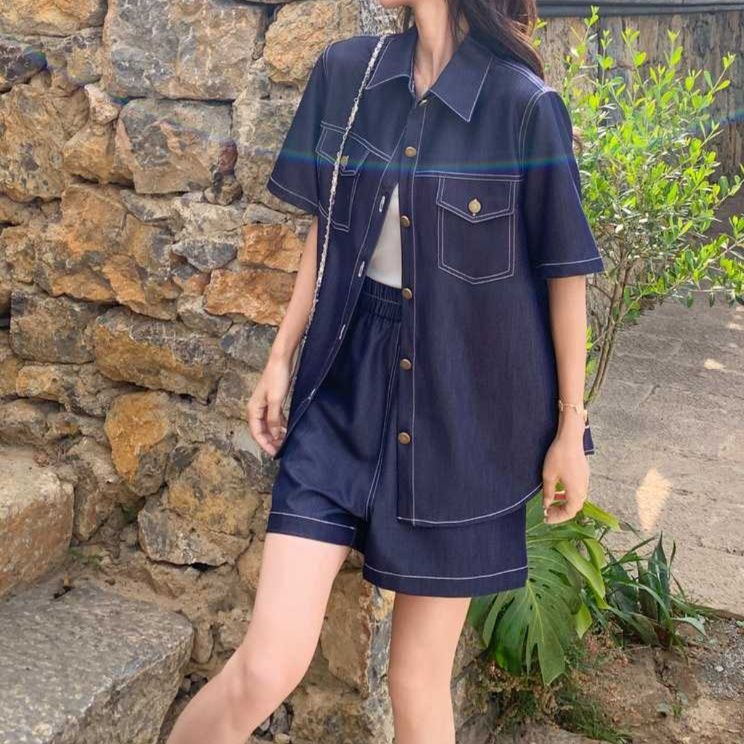 デニムセットアップ 半袖ステッチデニムセットアップ