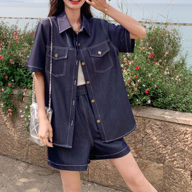 デニムセットアップ 半袖ステッチデニムセットアップ