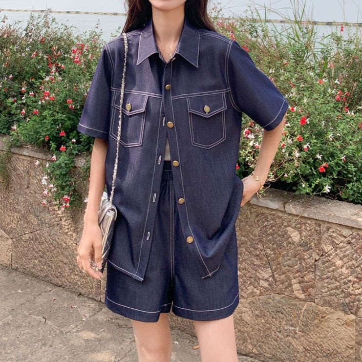 デニムセットアップ 半袖ステッチデニムセットアップ