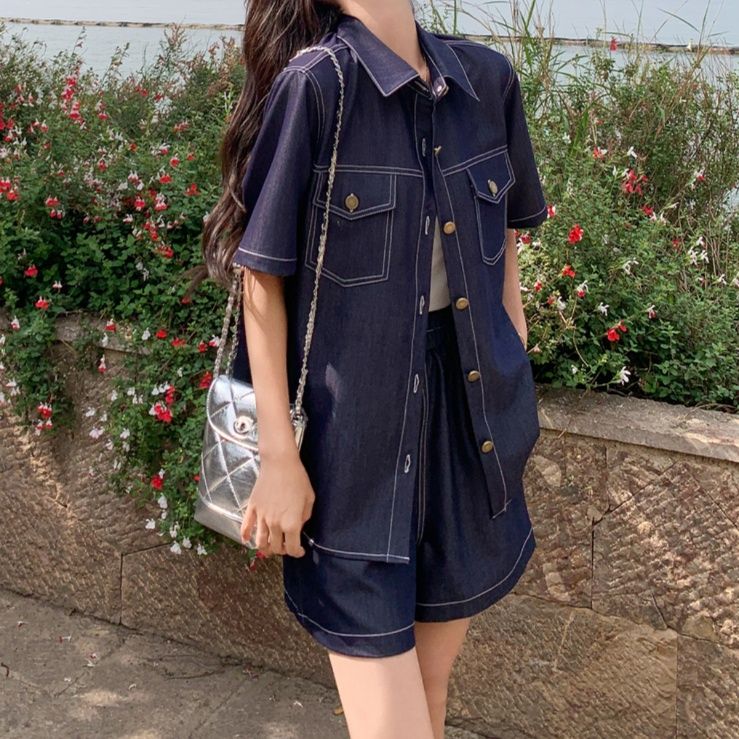 デニムセットアップ 半袖ステッチデニムセットアップ