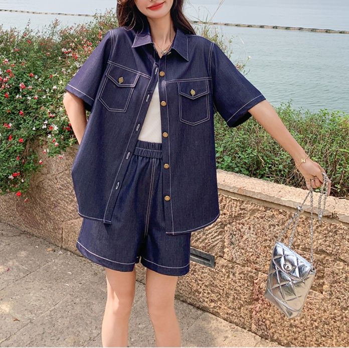 デニムセットアップ 半袖ステッチデニムセットアップ