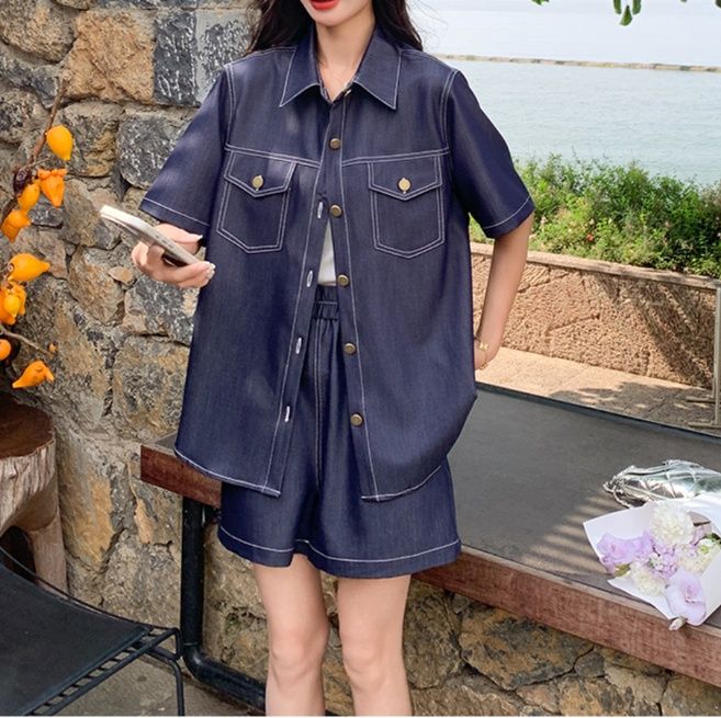 デニムセットアップ 半袖ステッチデニムセットアップ