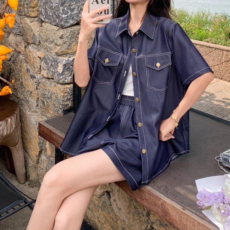 デニムセットアップ 半袖ステッチデニムセットアップ