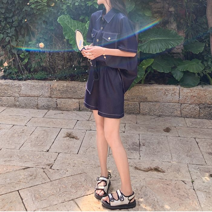 デニムセットアップ 半袖ステッチデニムセットアップ