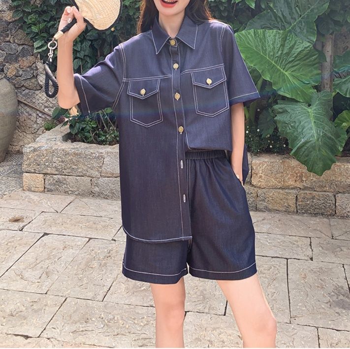 デニムセットアップ 半袖ステッチデニムセットアップ