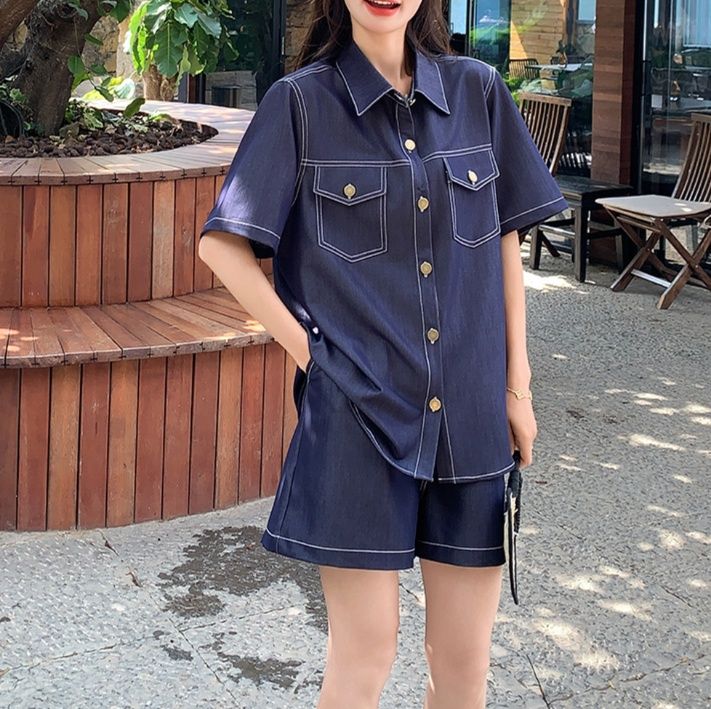 デニムセットアップ 半袖ステッチデニムセットアップ