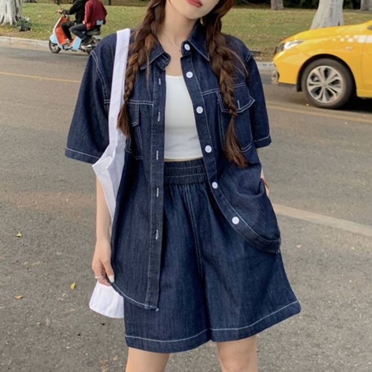 デニムセットアップ リラックス半袖デニム上下セット