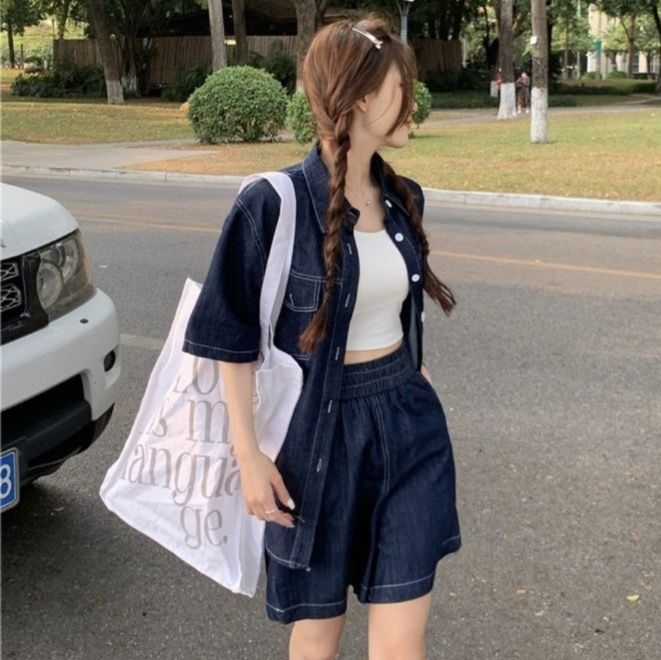 デニムセットアップ リラックス半袖デニム上下セット