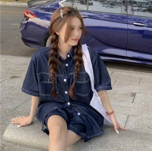 デニムセットアップ リラックス半袖デニム上下セット