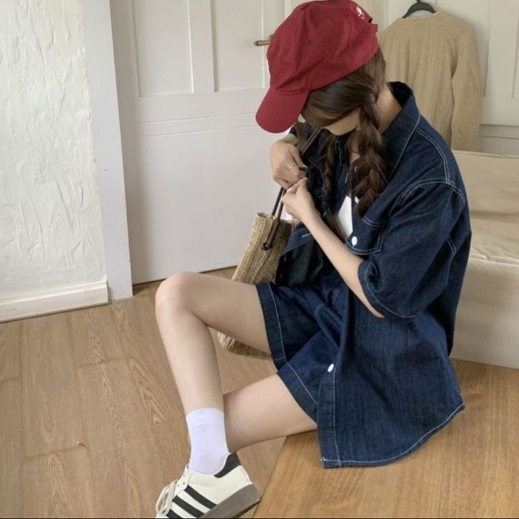 デニムセットアップ リラックス半袖デニム上下セット